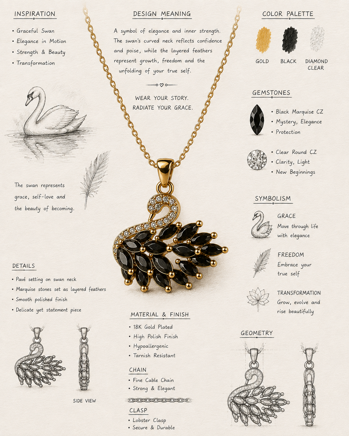 Milan Noir Swan Pendant Necklace